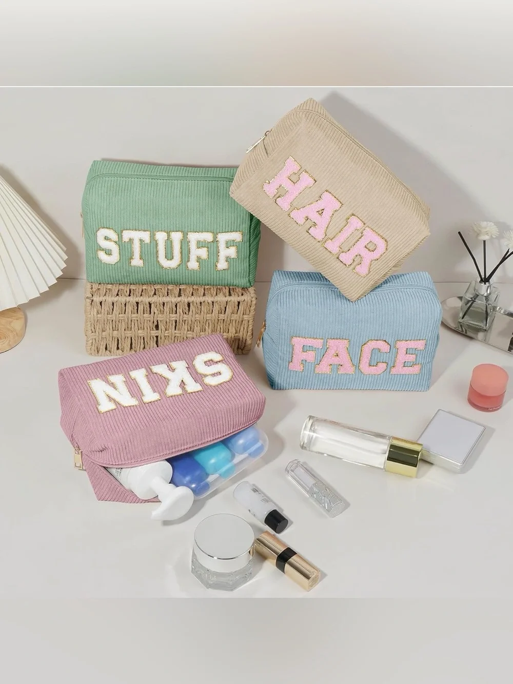 Corduroy Cosmetic Pouch Set - Pastel Pink, Blue, Mint, Beige